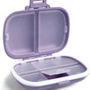 A purple weekly pill organizer with a hinged lid and eight compartments is shown open.
