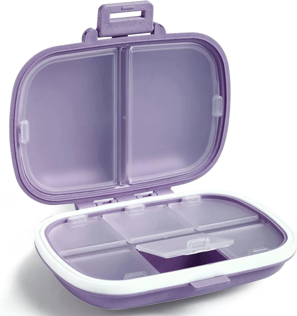 A purple weekly pill organizer with a hinged lid and eight compartments is shown open.