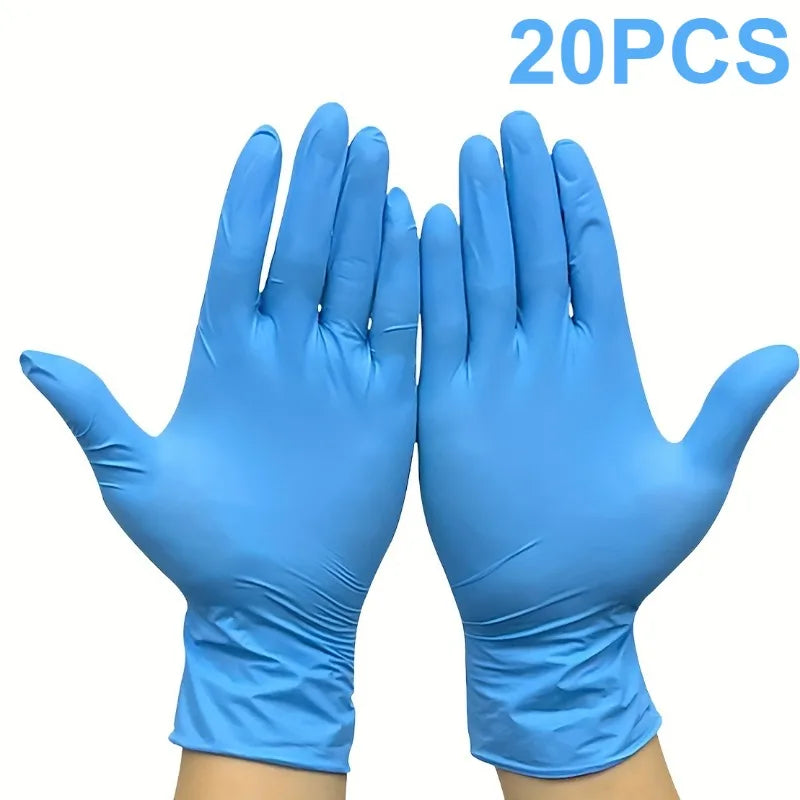 A pair of blue disposable nitrile gloves shown against a white background.