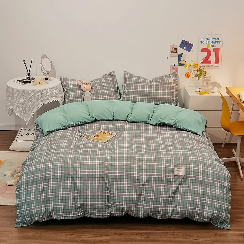100% Cotton Duvet Cover Set with Plaid Stripe – Breathable & Skin-Friendly