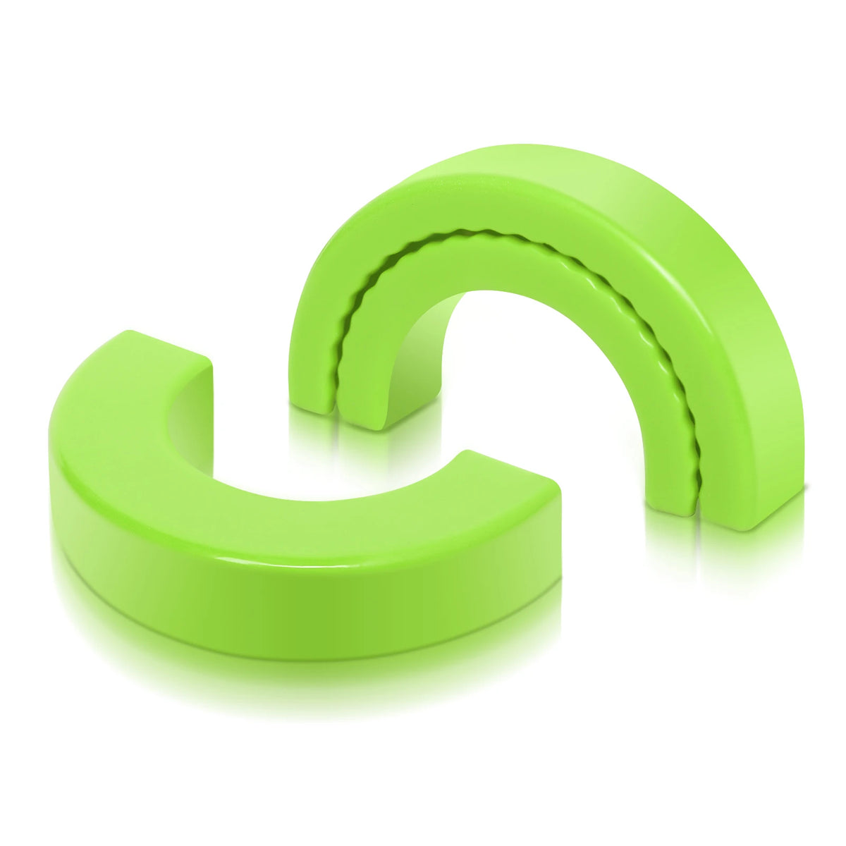 A bright lime green silicone tow hook cover shaped like a curved hook.