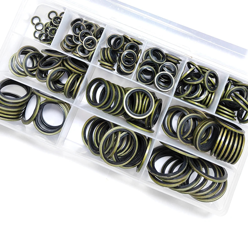 Klares Plastikgefäß mit zahlreichen universellen Autotechnik-Öl-Drain-Dichtungs-Kits in verschiedenen Größen und Ausführungen