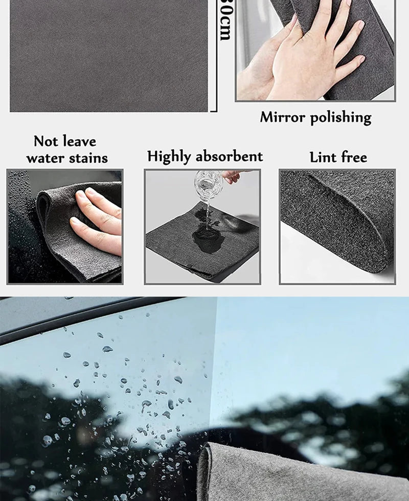 A stack of dark gray microfiber cleaning cloths demonstrating features like water stain resistance, absorbency, and lint-free