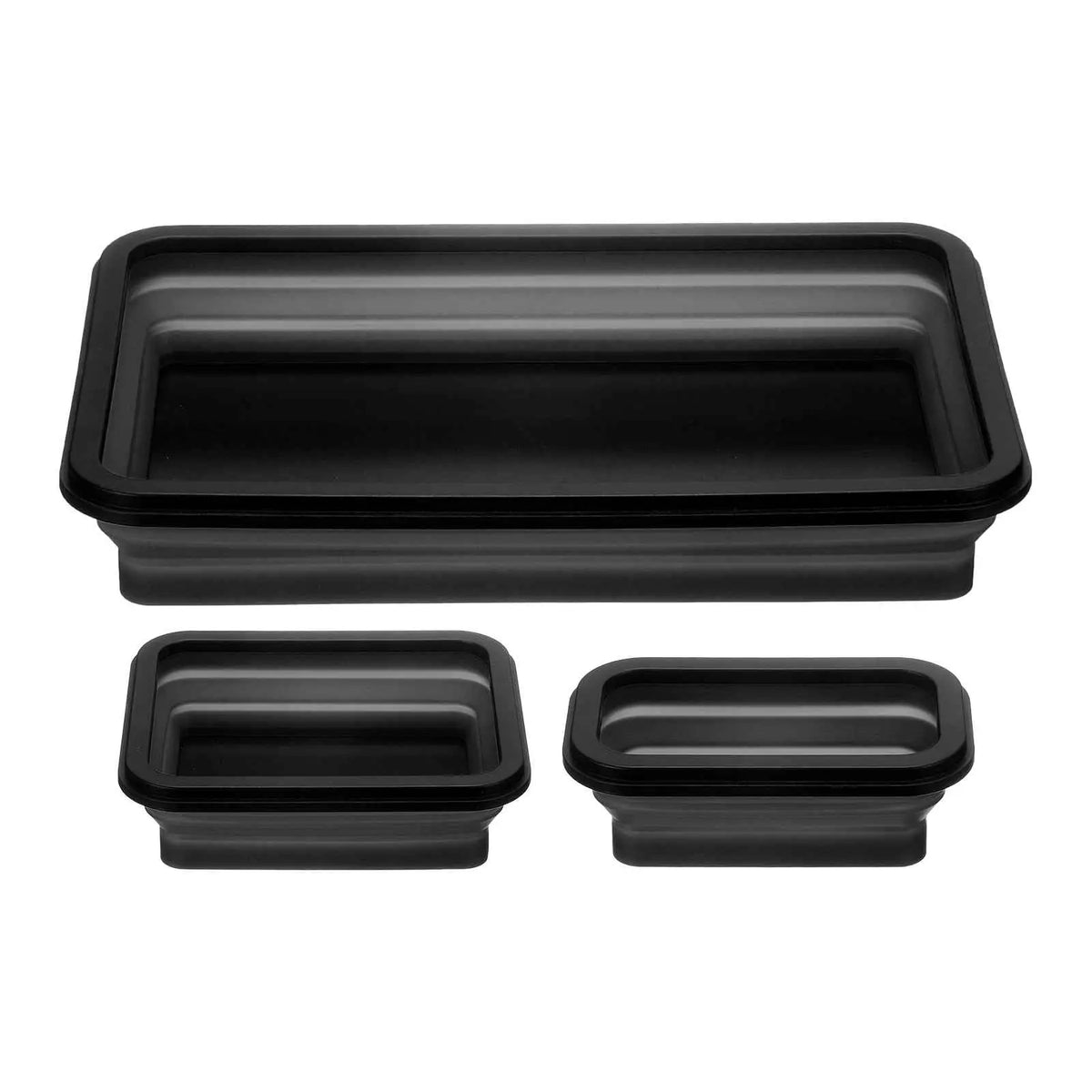 A set of three black collapsible magnetic parts trays.