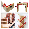 Un ensemble de serre-joints d'angle pour menuiserie de précision, montrés dans diverses configurations et applications.