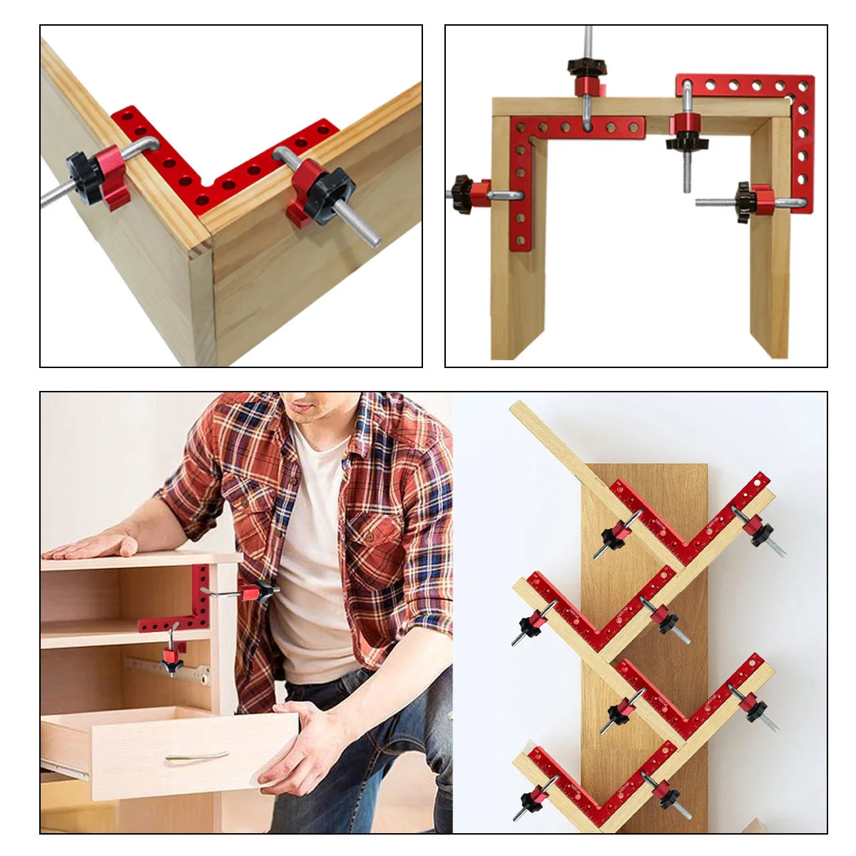 Un ensemble de serre-joints d'angle pour menuiserie de précision, montrés dans diverses configurations et applications.