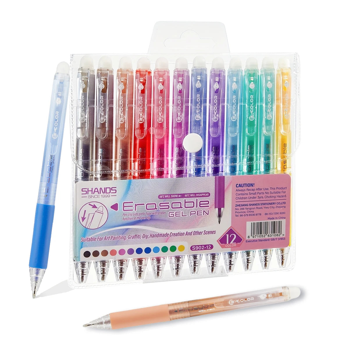 A clear plastic case holds twelve colorful retractable gel pens in various shades.