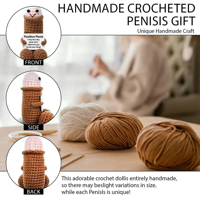 Handmade crocheted penis gift shown from front, side, and back views with yarn balls.