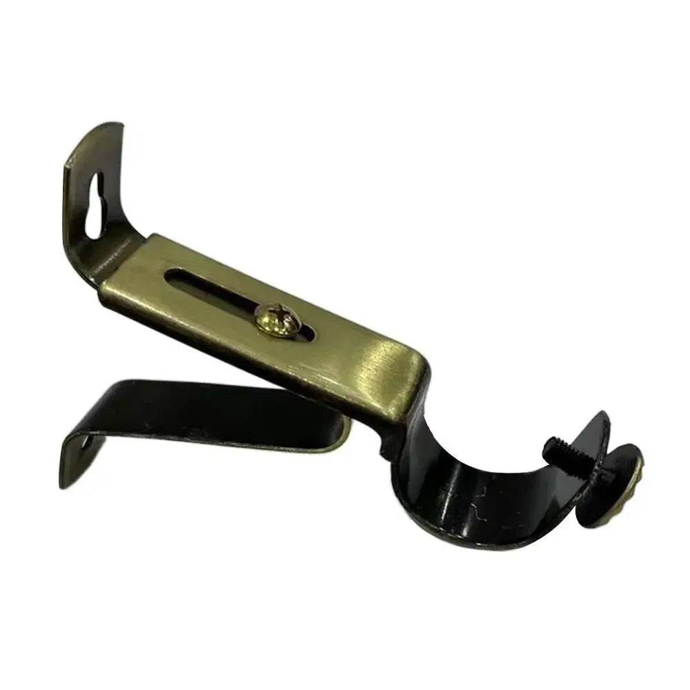 A brass metal curtain rod bracket with an adjustable wall mount support.