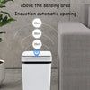 A white touchless motion sensor trash can is shown with diagrams illustrating its 40cm induction height and automatic opening