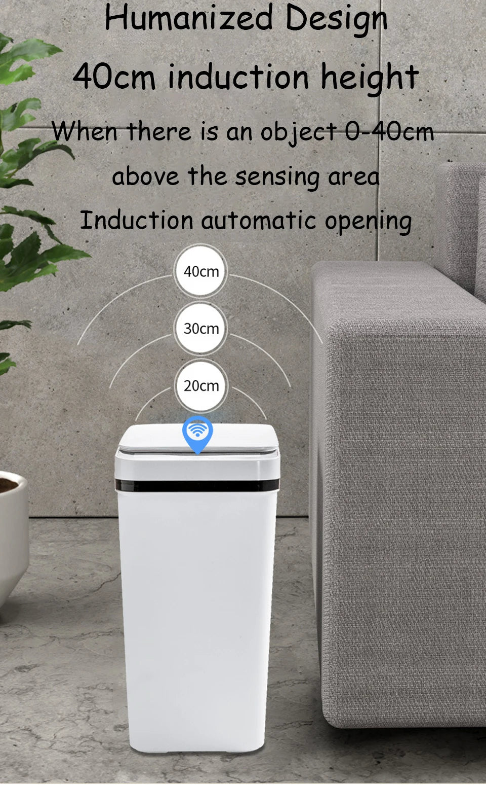 A white touchless motion sensor trash can is shown with diagrams illustrating its 40cm induction height and automatic opening