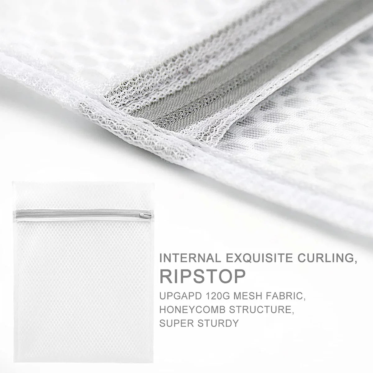 Close-up of a white mesh laundry bag with a silver zipper, showing internal curling and ripstop fabric structure.