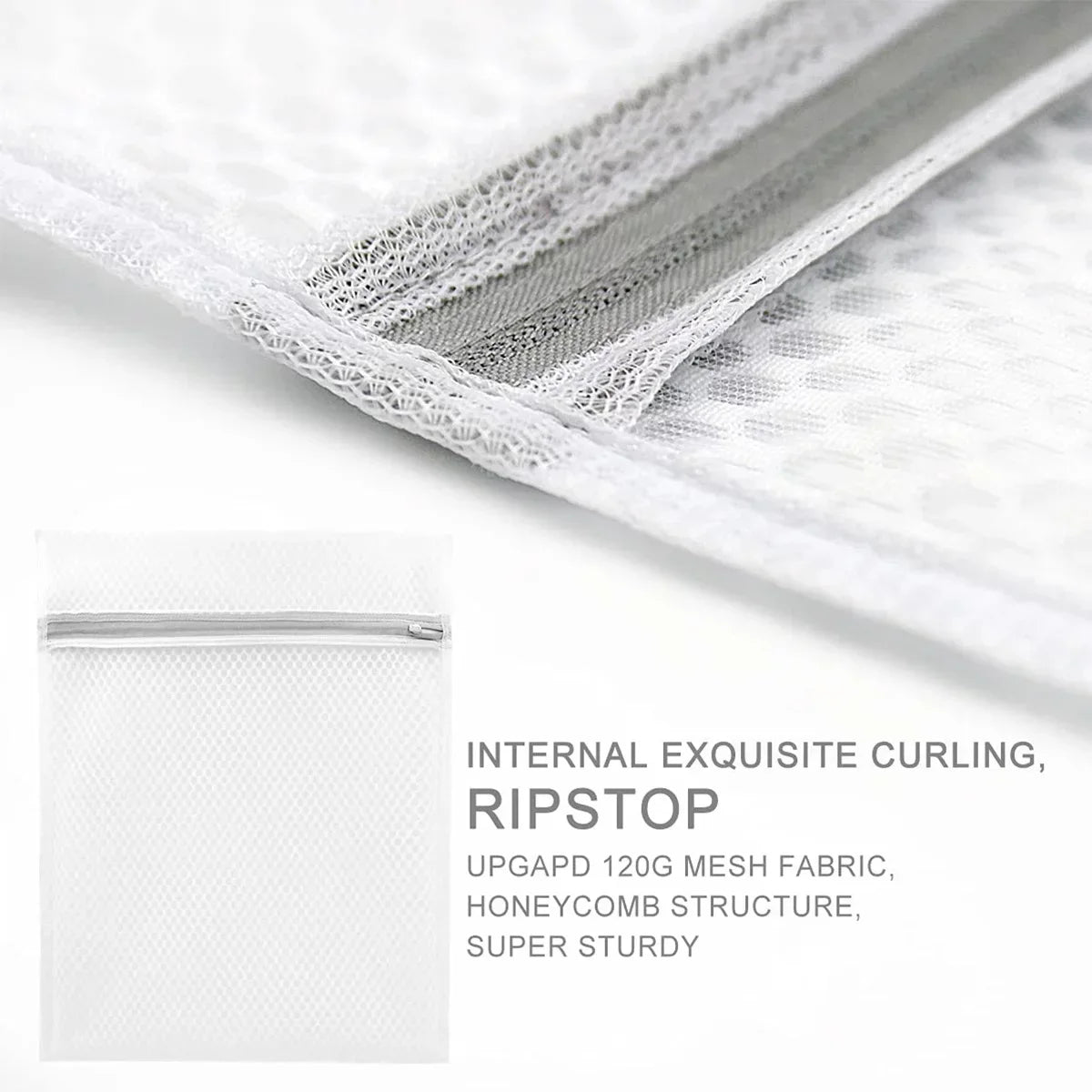 Close-up of a white mesh laundry bag with a silver zipper, showing internal curling and ripstop fabric structure.