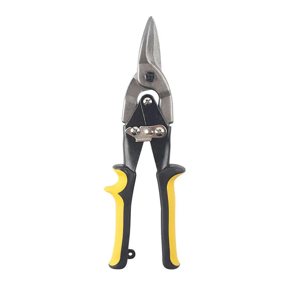 A pair of heavy-duty aviation snips with silver blades and yellow handles for sheet metal cutting.