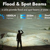 A person holds a flood and spot beam flashlight in an outdoor, rocky environment.