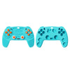A pair of light blue silicone baby teether remote control toys, one with buttons and another with holes.