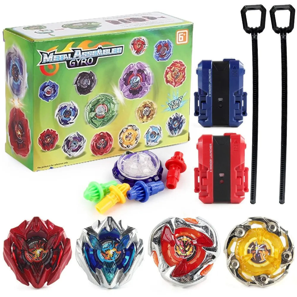 Metal Gyro spinning top battle set with launchers featuring various colored tops and launch mechanisms.