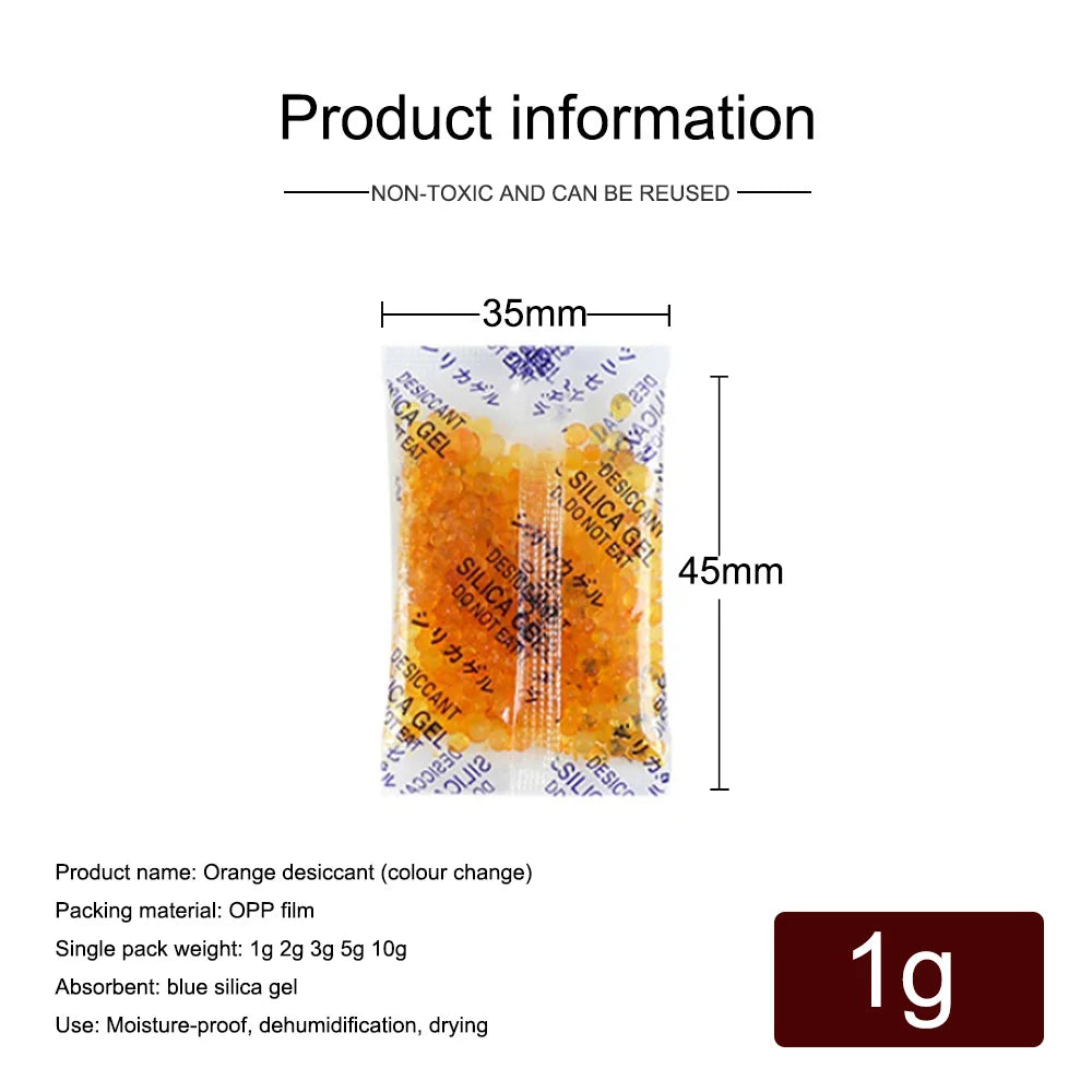 Orange color-changing silica gel moisture absorber sachets packaged in OPP film