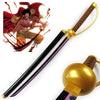 A detailed cosplay sword of a 41-inch katana with a gold hilt and black blade, featuring an illustration of Roronoa Zoro.