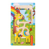 A wooden magnetic color sorting maze board featuring a yellow horse and colorful beads.