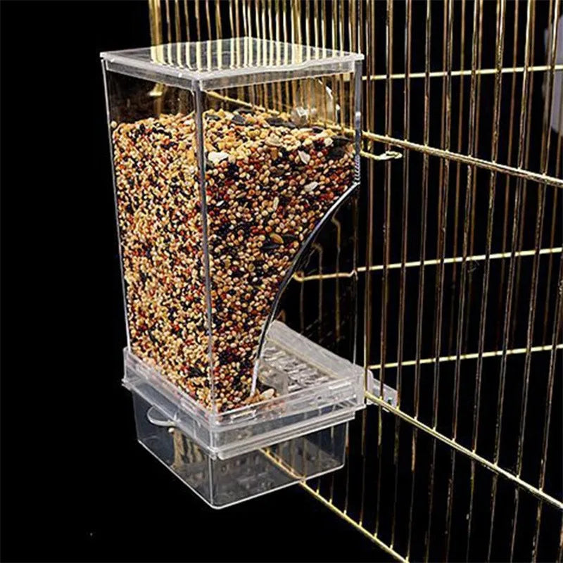 Clear acrylic no-mess bird feeder and waterer with seeds inside, positioned against a gold wire background.