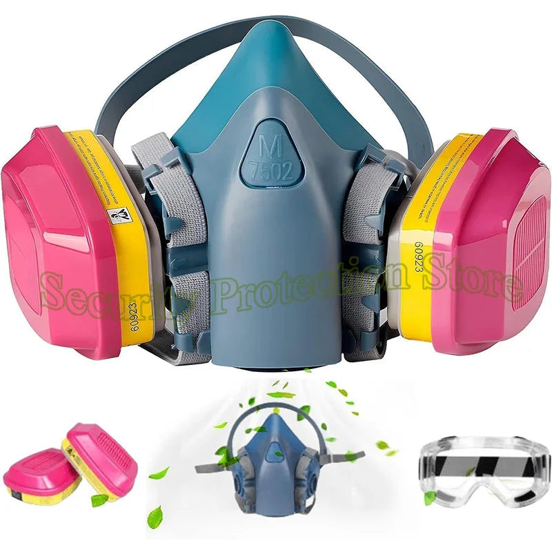 A full-face respirator mask with dual filtration components and universal filter compatibility shown in various views.