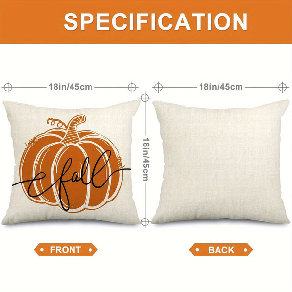 Front and back views of a vintage orange pumpkin themed pillow cover with embroidered fall text