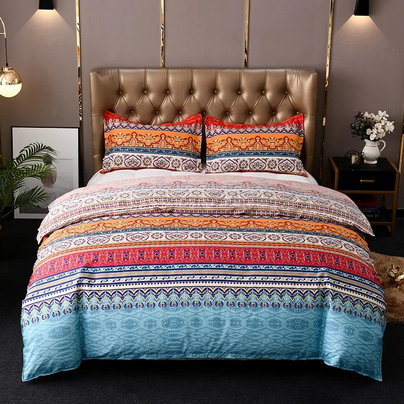 A bed featuring a boho striped geometric duvet cover set with colorful patterned pillowcases and a tufted headboard.