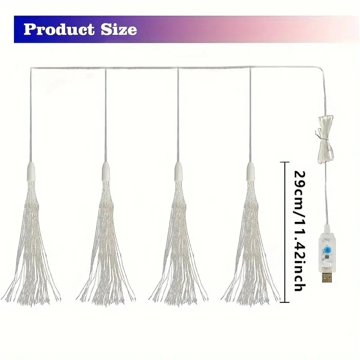 String of white LED fairy lights hanging, featuring USB power and multiple modes.