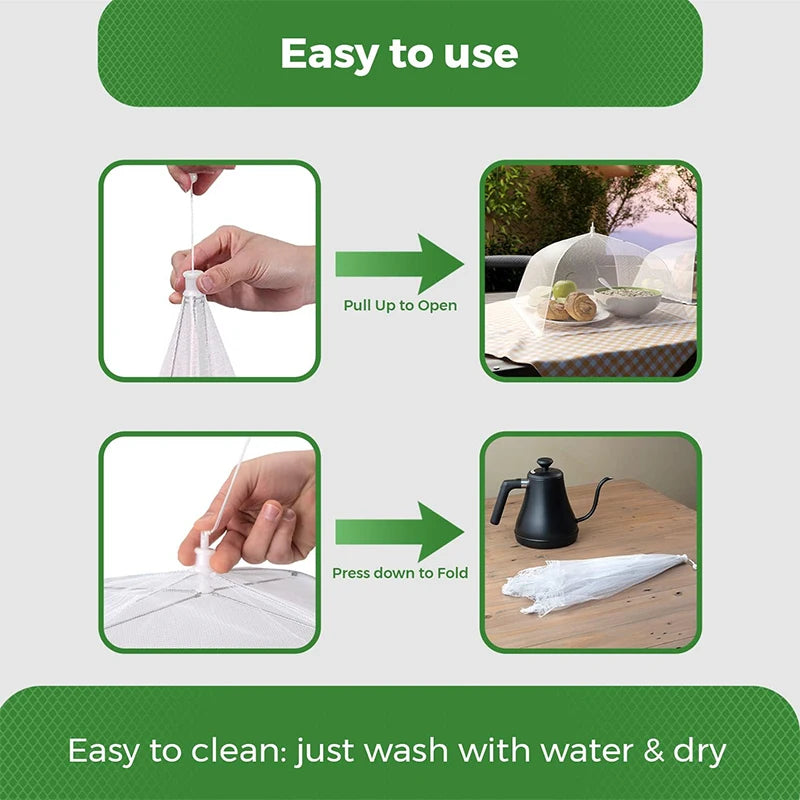 Instructions show how to use and clean a collapsible mesh food cover for outdoor dining.