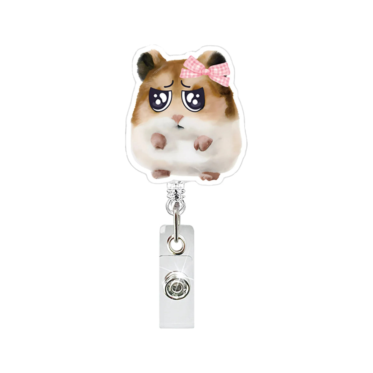 A cute hamster character with brown fur and pink bow is attached to a silver badge reel.