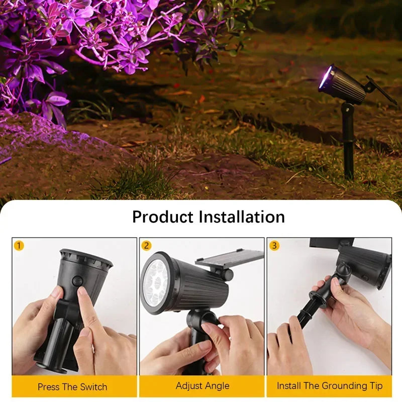 Installation guide showing how to press the switch, adjust the angle, and install the grounding tip for a solar spotlight.