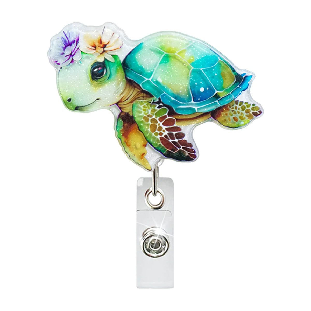 Glitter acrylic badge reel featuring a colorful alligator charm with a translucent shell and green skin.