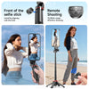 A magnetic selfie stick tripod with a fill light is shown being used to take photos and videos of a person.