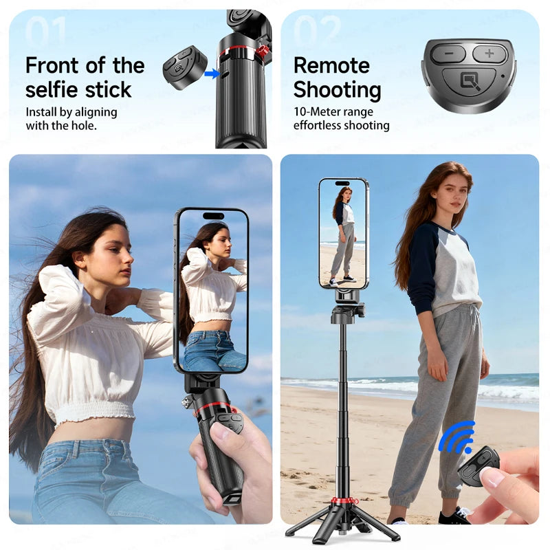 A magnetic selfie stick tripod with a fill light is shown being used to take photos and videos of a person.