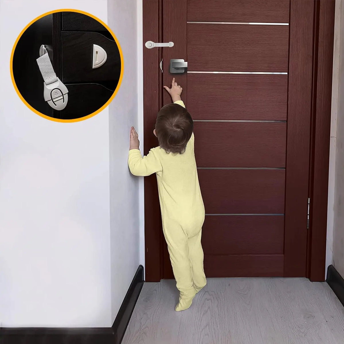 A child is demonstrating the operation of a cabinet lock on a wooden door, showing how to secure it.