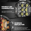 Close-up view of an Auxbeam LED driving light featuring a double LED combination and science reflector.