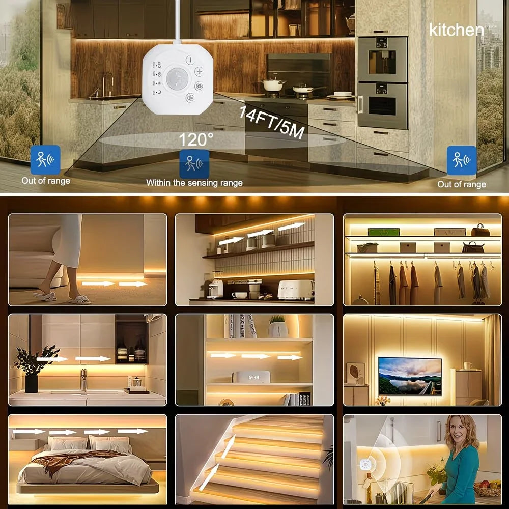 A collection of LED motion sensor light strips and lighting fixtures demonstrating various functions and applications.