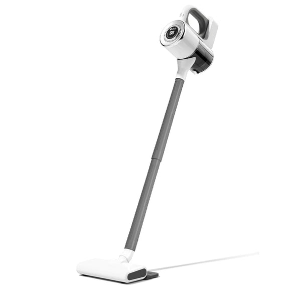 A cordless stick vacuum cleaner with a white and gray body and a black head, shown from the side.