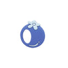 A purple silicone baby rattle teether shaped like a flower with a smiling face.