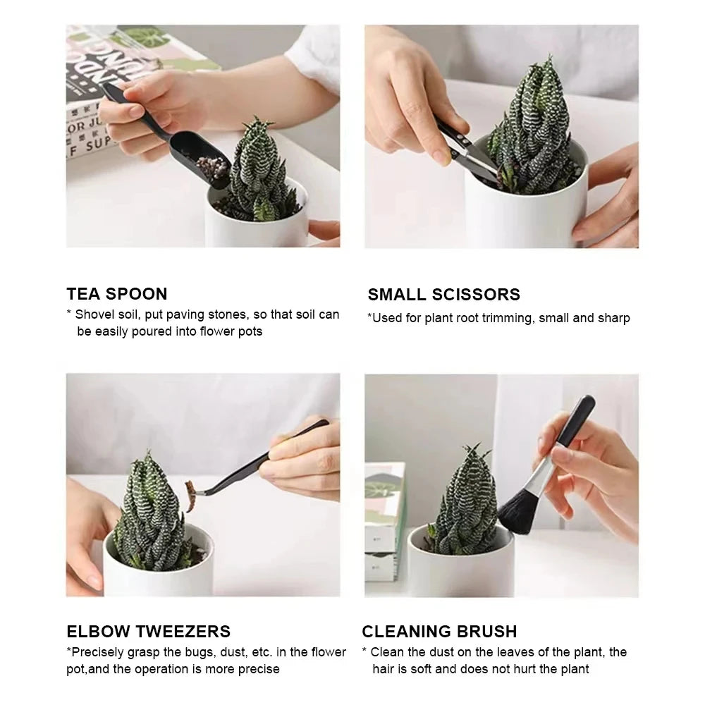 A set of gardening tools including tea spoons, small scissors, and elbow tweezers for plant care.