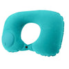 A teal self-inflating travel neck pillow with a soft flocking cover.