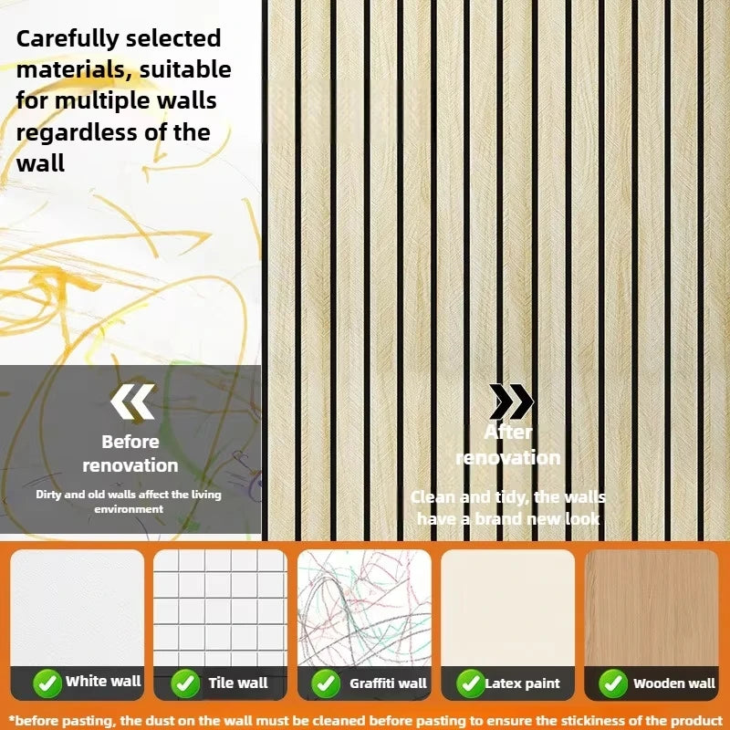 Before and after comparison of self-adhesive wood grain wallpaper installation on a wall.
