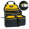 A black and yellow heavy-duty tool pouch with multiple pockets and a hammer holder.
