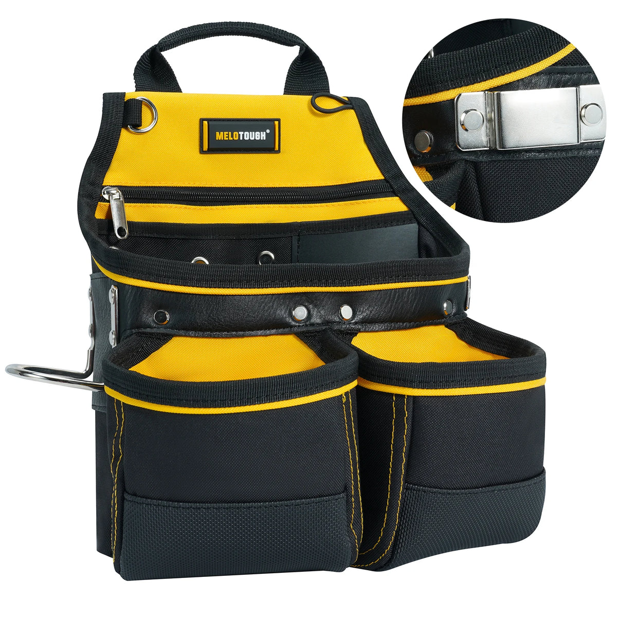 A black and yellow heavy-duty tool pouch with multiple pockets and a hammer holder.
