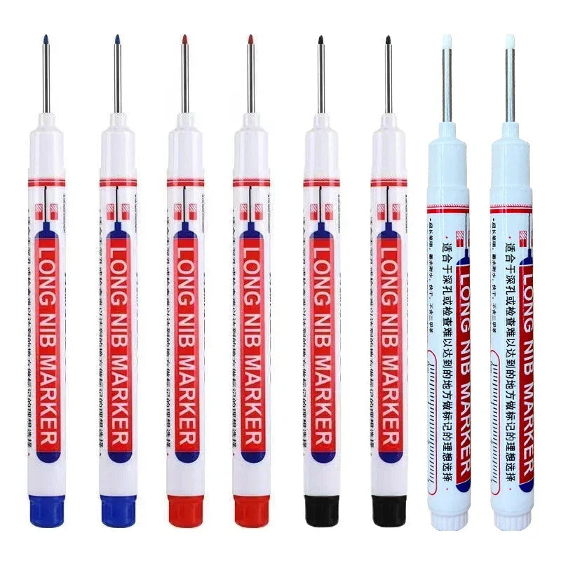 Eight long nib markers for deep holes used in metal and woodworking