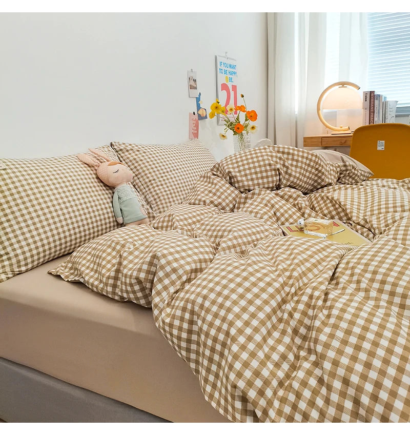 100% Cotton Duvet Cover Set with Plaid Stripe – Breathable & Skin-Friendly