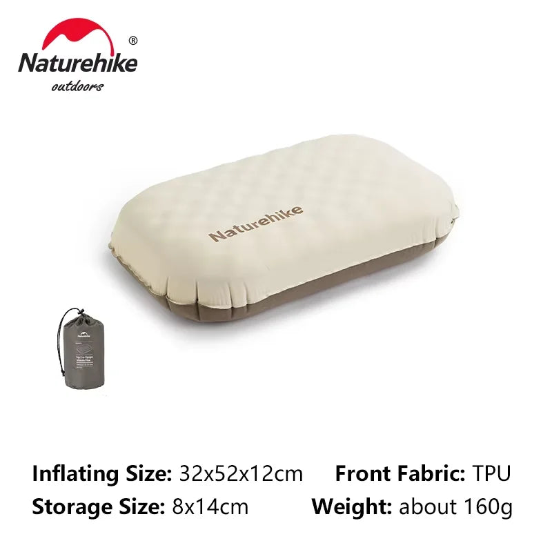 A beige Naturehike foam inflatable camping pillow with a storage bag shown next to it.