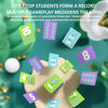 A colorful set of double-sided cards for a math game featuring numbers and operations.
