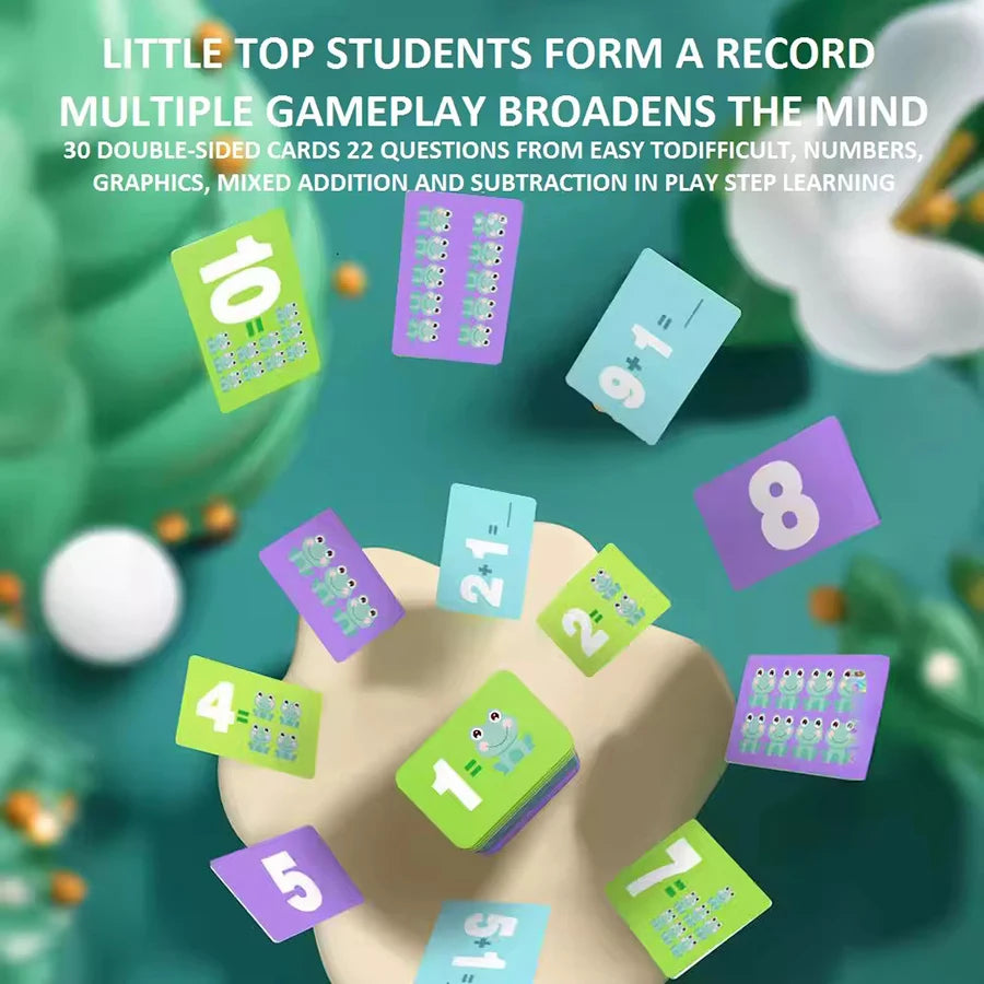 A colorful set of double-sided cards for a math game featuring numbers and operations.